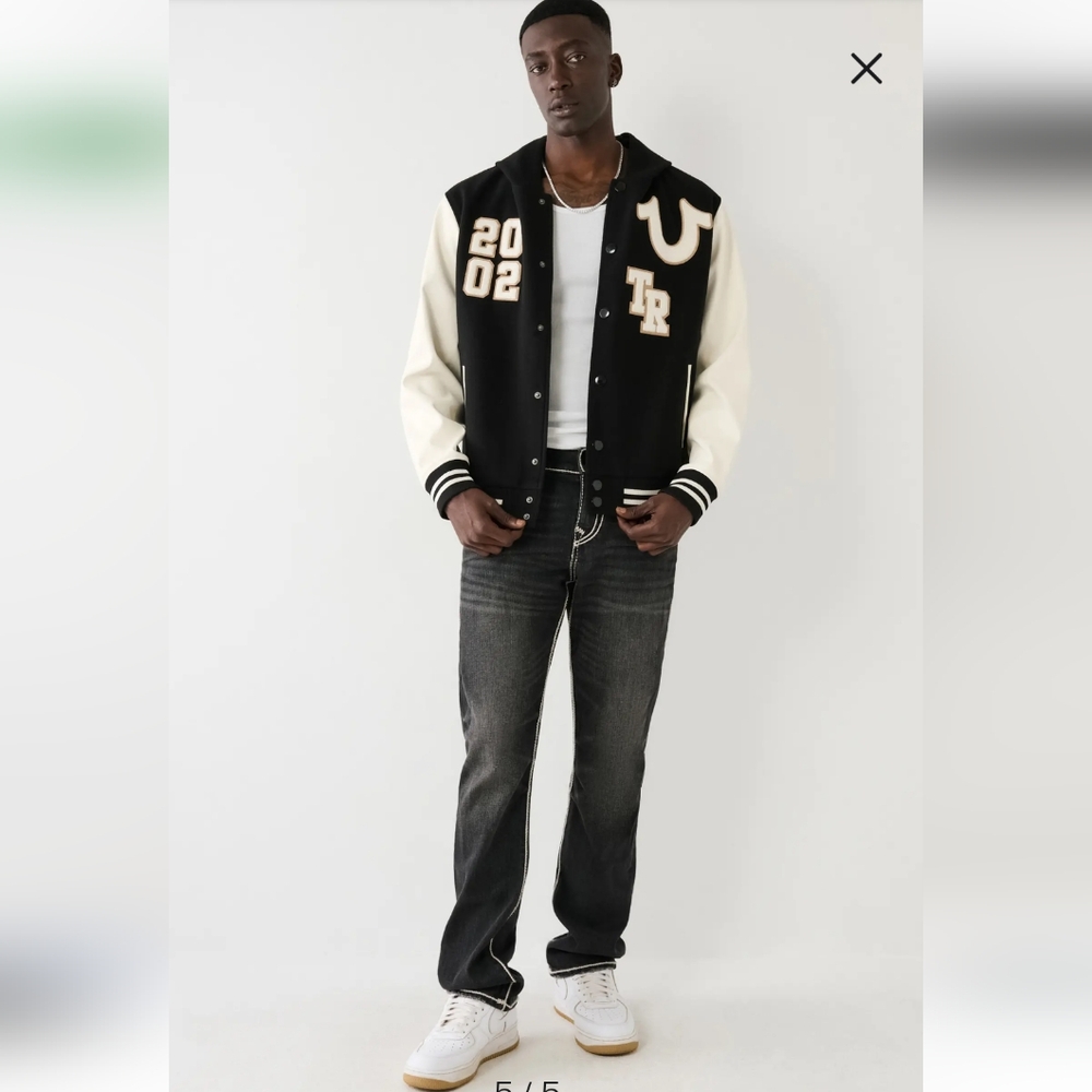 NWT True Religion Wool blend Faux Leather Hooded Varsity Jacket Black White